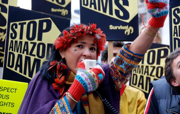 Brazilian Indian leader Sheila Juruna during a demonstration, calling for the halting of three controversial mega-dam projects under construction in the Amazon, Brazil.