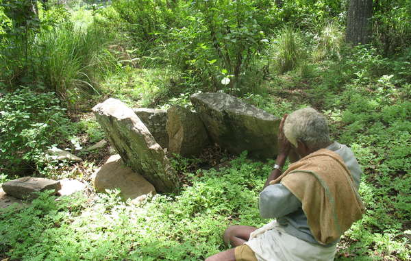 A Soliga man worships at a sacred site inside his land, which is now a tiger reserve.