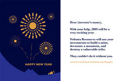 Tarjeta de Año Nuevo enviada por Survival a los accionistas de Vedanta: