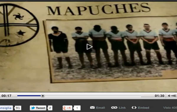 Un fotogramma del video provocatorio diffuso da Survival sul web in relazione al film "Il Mundial dimenticato", che vede protagonista la Nazione Mapuche.