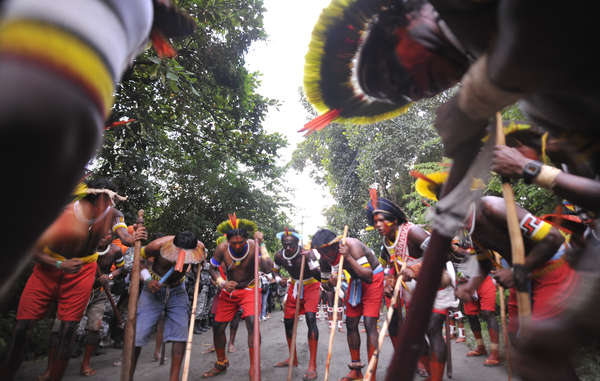 Brazilian Indians unite at the Rio+20 summit to protest for their land rights and against the development of infrastructure such as the Belo Monte dam underway on the Xingu river in the Amazon. If completed, thousands of people would be displaced and their way of life devastated.