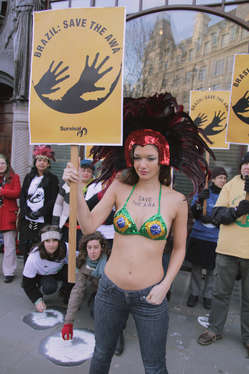 A London supporter in carnival costume carried a message for Brazil to 'Save the Awá'.
