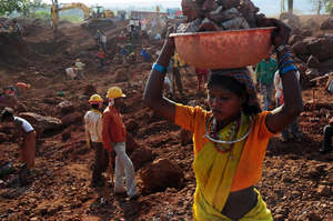 Baiga work in terrible conditions in the Bodai-Daldali bauxite mine, Chhattisgarh. Having once lived sustainable lives in the forests, they now endure exploitation and poverty after eviction from their land.