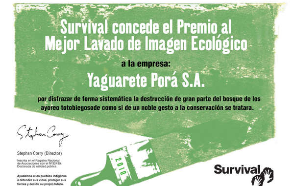 La empresa de ganadería Yaguareté Porã gana el Premio al Mejor Lavado de Imagen Ecológico de Survival.