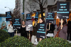 Manifestantes protestan frente a la tienda de Tiffany en Madrid.