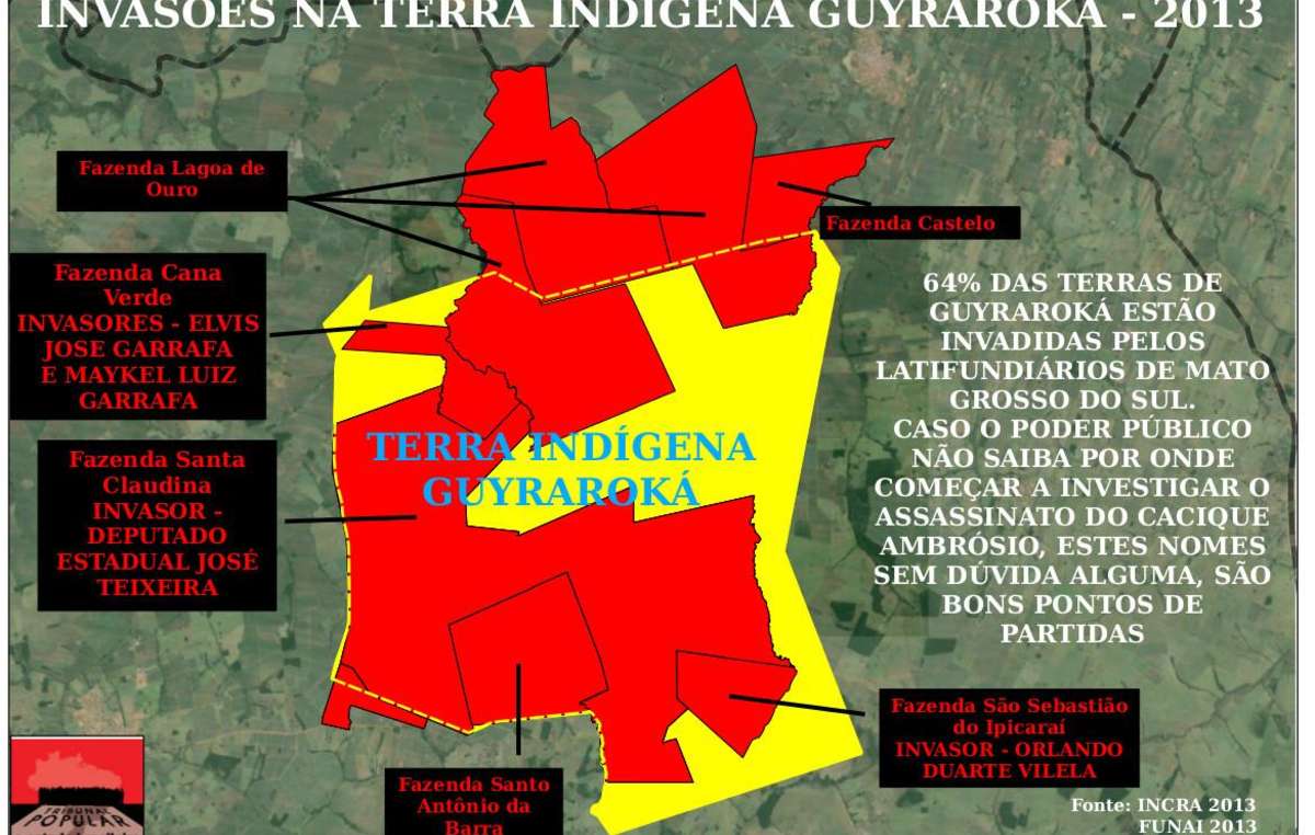 Les plantations de canne à sucre (en rouge) occupent la majeure partie du territoire ancestral (contour jaune) de la communauté d'Ambrosio.