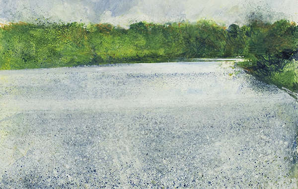 Heading up stream on the Knighton narrow boat passing Bablock Hythe, May 2013, acrylic on board, 19 x 20cm. All offers over £1,500 will be considered.