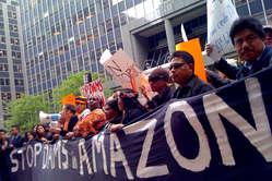 Sigourney Weaver demonstrates with indigenous people from around the world against Brazil's Belo Monte Dam. Brazilian Permanent Mission to the UN, New York, US.
