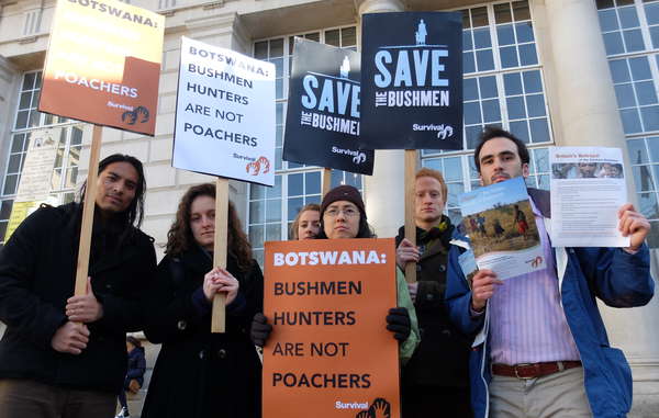 Vocal protests were held outside the 'London Conference on the Illegal Wildlife Trade 2014' today to highlight the plight of Africa's last hunting Bushmen.