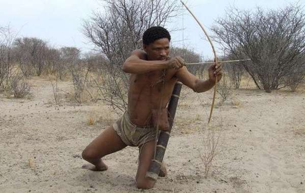 L'Organisation botswanaise du tourisme utilise des images de chasseurs bushmen comme celle-ci alors qu'en réalité il leur est interdit de chasser et ils sont arrêtés s'ils chassent pour leur subsistance.