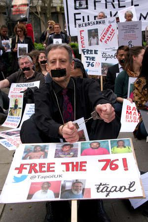 Human rights activist Peter Tatchell took part in the protest today in London.