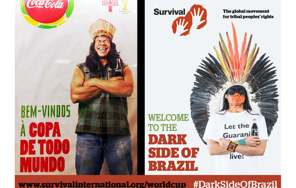 Coca-Cola and FIFA's image has been contrasted with an angry Indian man demanding, 'Let the Guarani live!'