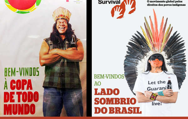 A imagem da Coca-Cola e FIFA foi contrastada com um homem indígena zangado instando, 'Deixe os Guarani viverem!'