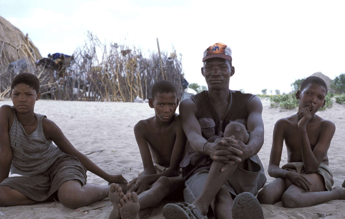 Gana Bushmen and children who returned to Molapo community in the Central Kalahari Game Reserve from New Xade government resettlement camp, Botswana.