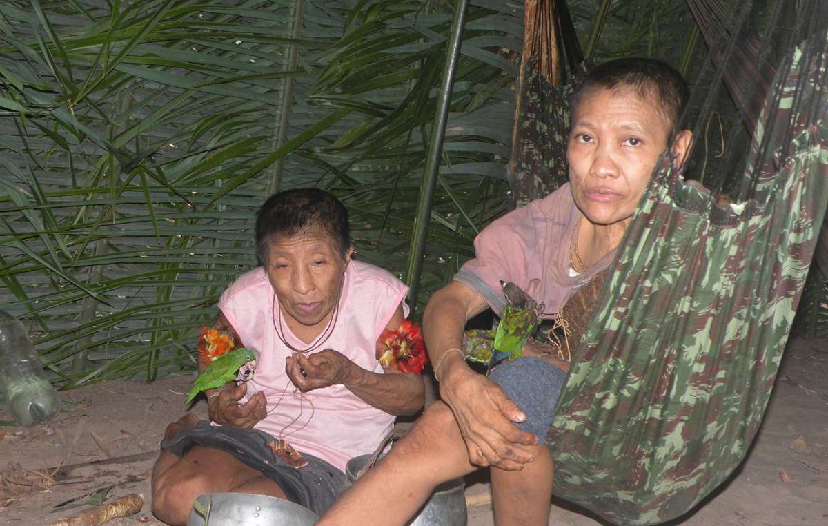 Amakaria and Jakarewyj, isolated Awá women, who made contact with a settled Awá community in December 2014