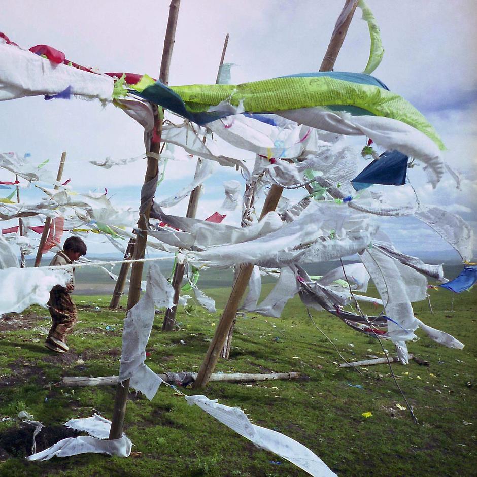 Amdo, Tibet, 2003

A young Tibetan boy plays among prayer flags blowing in the wind. Prayer flags traditionally contain woodblock-printed text and images.
