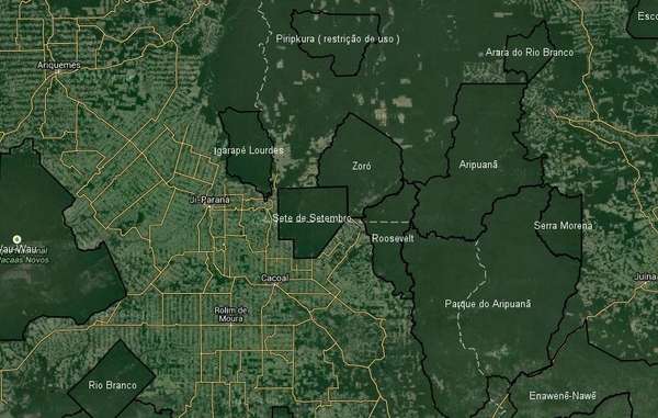 Imagens de satélite mostram que grandes áreas da Amazônia são protegidas por territórios indígenas.