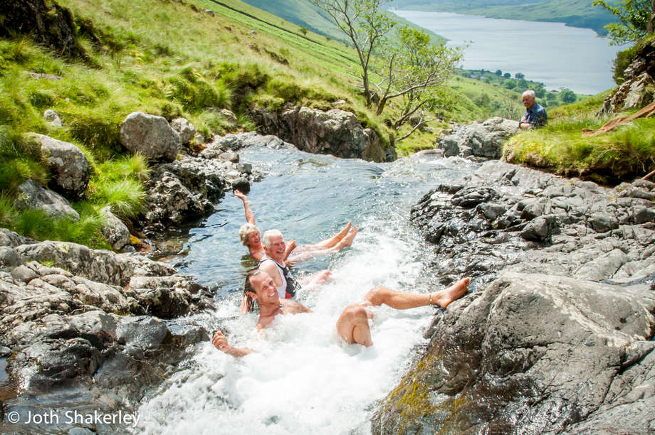 The team took two and half hours to climb up Scafell Pike, the highest mountain in England. They didn't miss the opportunity for a bit of skinny dipping on the way down!