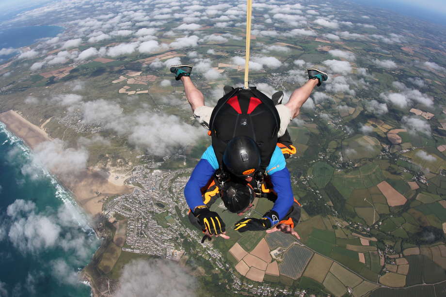 "The Sky Dive was terrifying and immensely invigorating" says Robin, "especially as we had to wait for 8 hours at tiny Perranporth Aerodrome for the clouds to clear." Robin fell 14,000 ft, reaching a speed of 120 mph. 