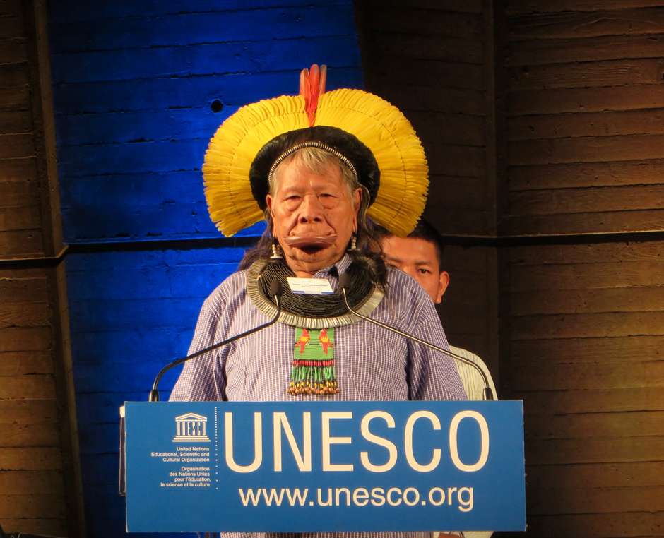 Raoni Metuktire est le porte-parole des Indiens kayapó d’Amazonie brésilienne. Il était présent lors de la conférence organisée par l'UNESCO, "_Temps d'Incertitude et Résilience : les peuples indigènes face au changement climatique._":http://indigenous2015.org/fr

_'Nous devons lutter pour faire reconnaître le crime d'écocide, pour que les terres indigènes soient démarquées, que les terres soient reboisées et qu'on applique la convention contre la corruption afin de contrer le commerce de bois illégal'._