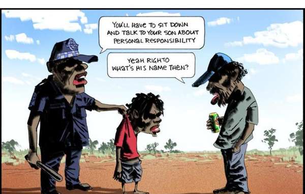 Viñeta de Bill Leak publicada en el periódico 'The Australia' y ampliamente criticada por racismo hacia los aborígenes. Traducción - Policía: 'Tendrá que sentarse y hablar con su hijo sobre responsabilidad personal'; hombre aborigen: 'Ok, de acuerdo. ¿Cómo se llama, entonces?'