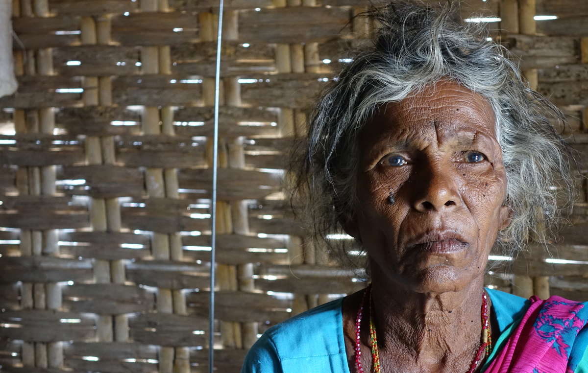 Chenchu woman from Pecheru village. The village was evicted in the ’80s. The villagers tell us that of the 750 families that used to live in the village, only 160 families survived after the eviction took place. Many starved to death. Nagarjunsagar Srisailam Tiger Reserve.