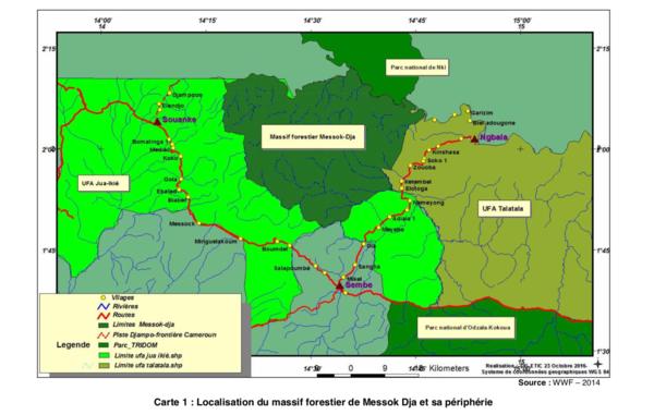 A map showing the planned conservation zone, Messok Dja, on land that the Baka and Bakwele tribes rely on for survival