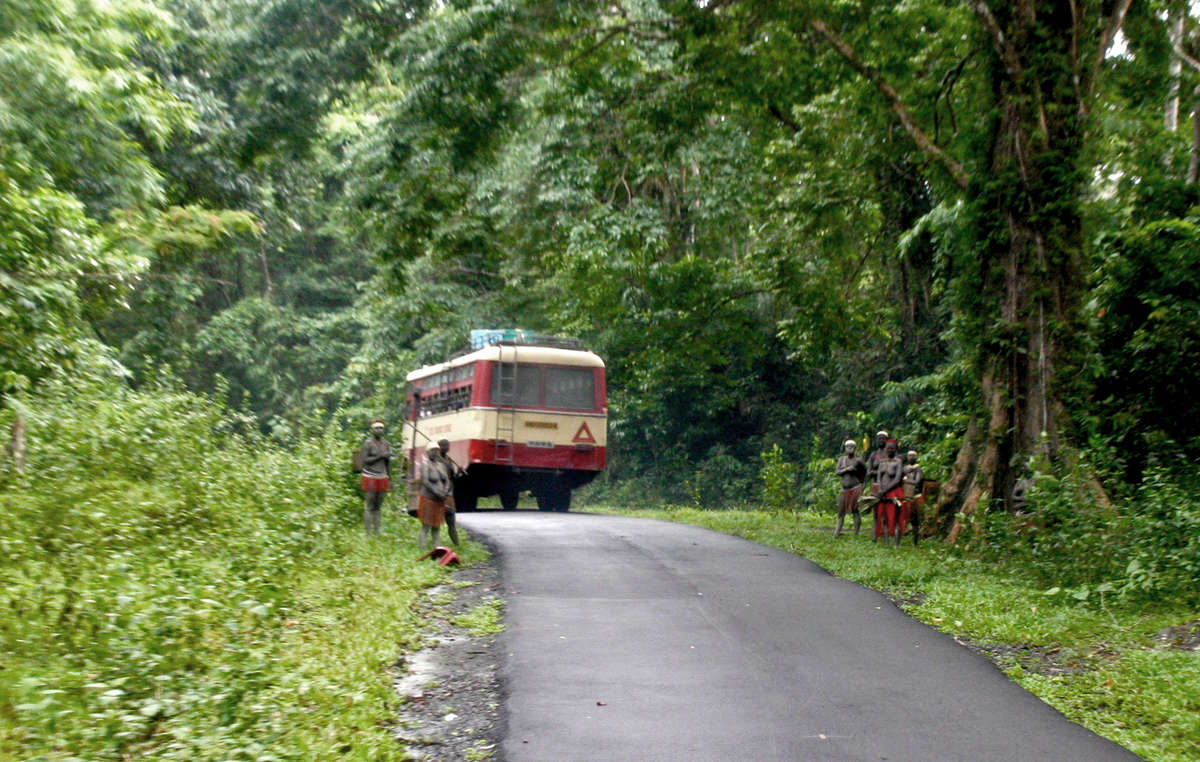 Jarawa on the Andaman Trunk Road which cuts through the their reserve, putting them at risk from diseases to which they have no immunity.