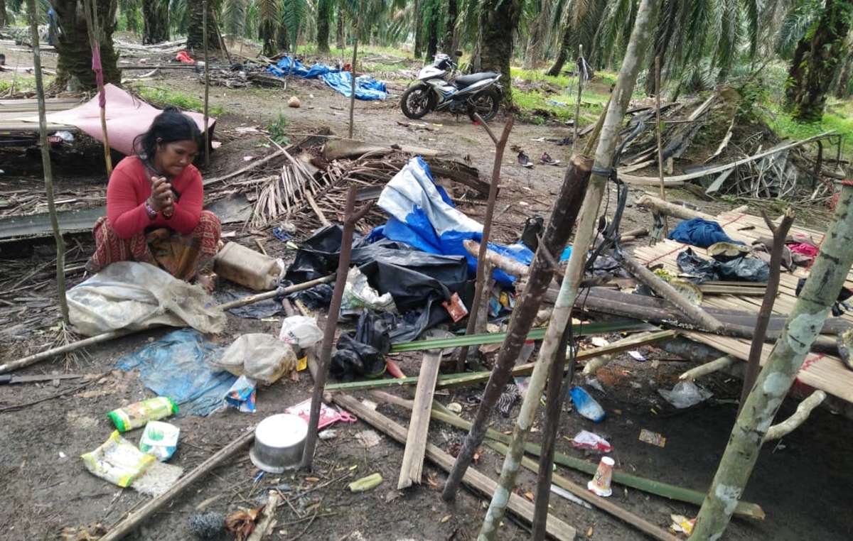 An Orang Rimba woman surveys the remains of her house and possessions which have been destroyed by an angry mob. The attack happened after Orang Rimba tried to collect fallen oil palm fruits on their ancestral lands, so they could feed their families during the pandemic.