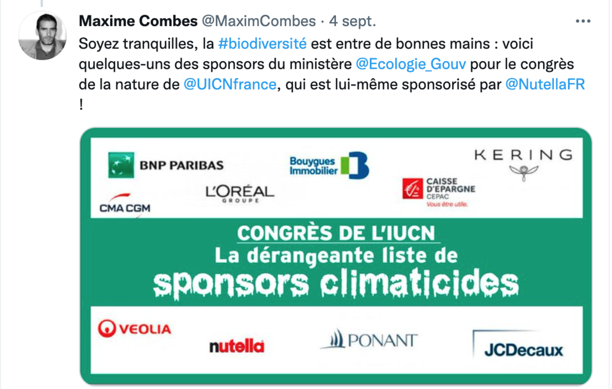 Capture d'écran d'une publication de Maxime Combes concernant les sponsors du congrès mondial de la nature organisé par l'UICN à Marseille en septembre 2021.