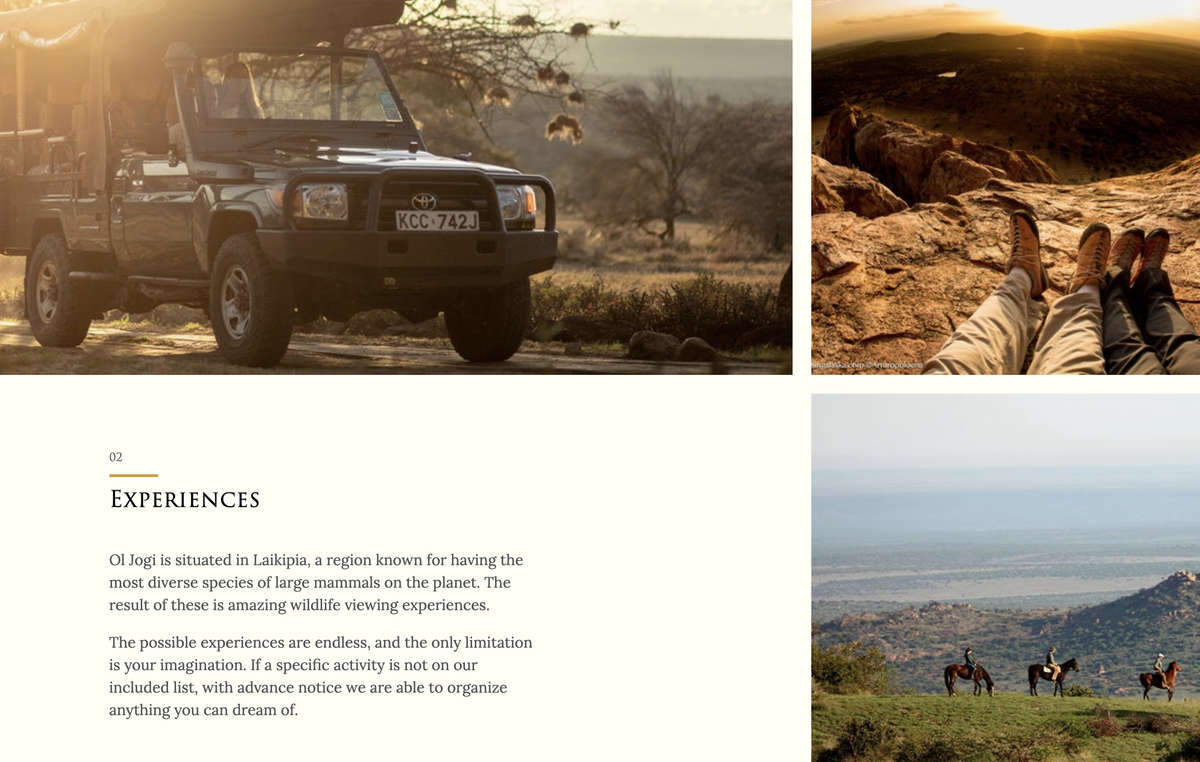 The Ol Jogi website, like many conservancy tourism ventures, presents a vision of a playground for wealthy Westerners, almost devoid of an African presence.