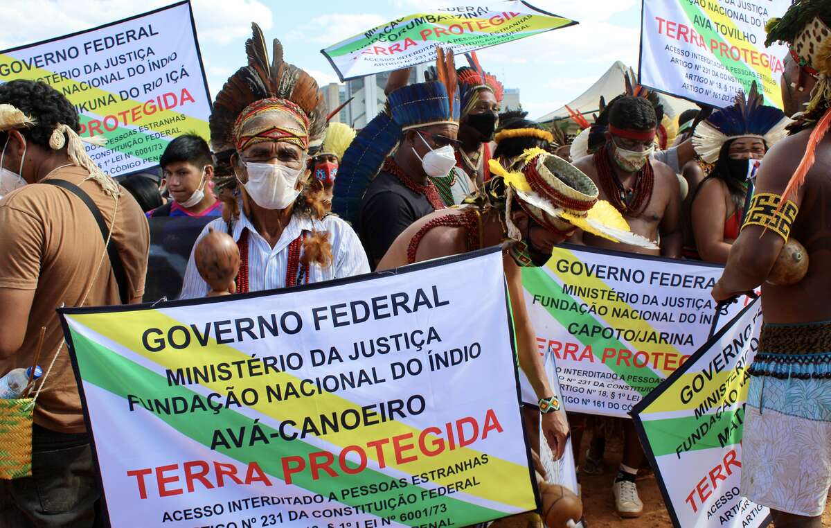 Indígenas protestam em Brasília contra o Marco Temporal. Agosto, 2021.