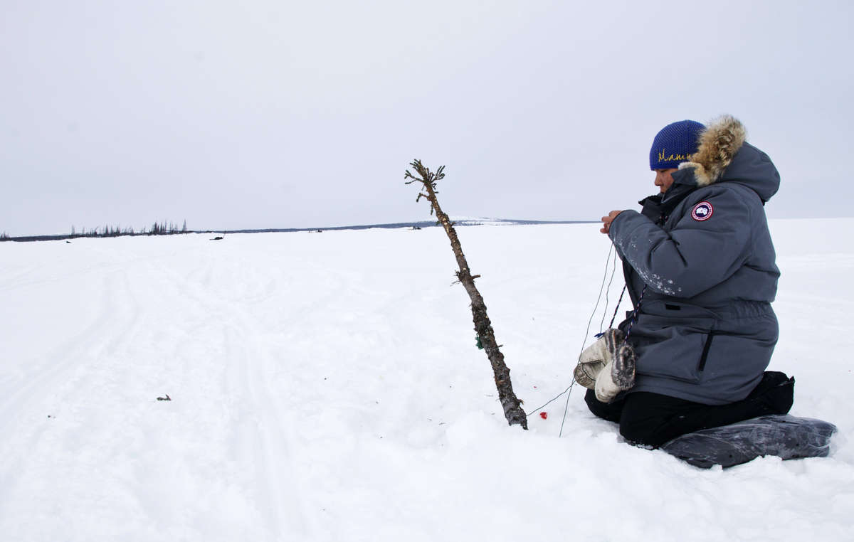 Eine Innu-Frau hat tiefe Löcher in das Eis gebohrt, um nach Seeforellen zu fischen.