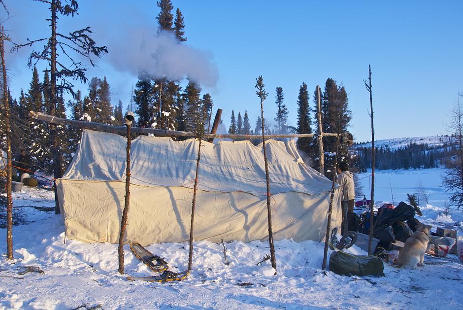 Stands of pine trees sheltered the tents from the cold northwesterly winds.

Campsites were chosen by Elders - men who were raised in _nutshimit_ and taught traditional hunting skills by their parents and grandparents.

_Life in the country was school for me_, said Elder, Gregoire Gabriel.  _My grandmother taught me how to cook rabbit.  We used scythes, and made candles from caribou fat_.

_As an Innu child, my training started there_.