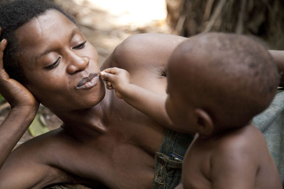 En las selvas pantanosas y los valles fluviales de la cuenca del Congo en África, un niño “pigmeo” baka juega con su madre. 

A los bebés bakas, como a otros niños tribales, se los tiene en brazos casi todo el tiempo.