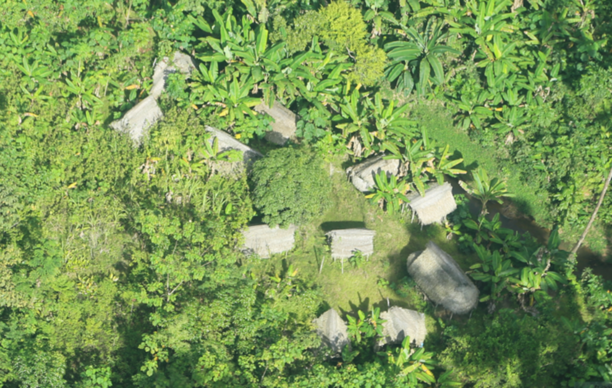 Alcune maloca (case comunitarie) di un popolo incontattato nella Riserva Indigena di Isconahua, 2015.