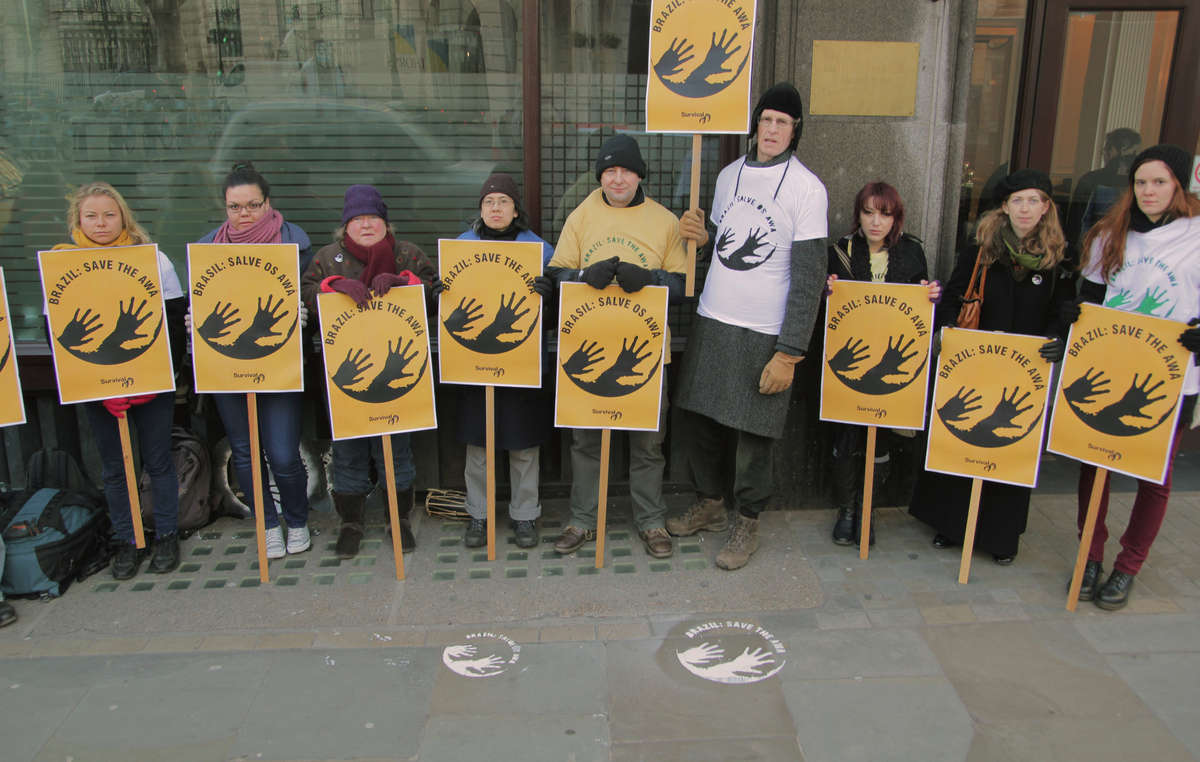 People protested in London in support of Brazil’s Awá.