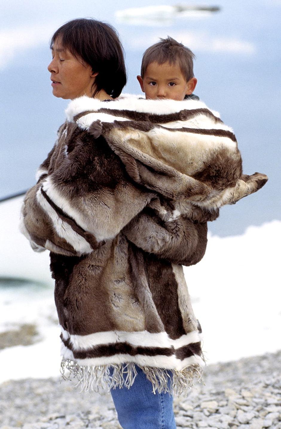 Inuit infants are carried  by their mothers in an _amautik_ for the first year or two of their lives. 

An _amautik_ was traditionally made from caribou fur, with the fur facing in, so the baby lay in its comfort and warmth. Today, they are also made from duffel and other materials.

'After feeding, the baby girl dozes. With words of welcome, she is lifted into the _amautik_, the pouch shaped into the hood of her mother's parka, where she can lie curved against her mother's back. The baby's mother smiles, holding her daughter for her father to adore, and says, 'Anaanangai. Ii, anaanagauvutit.' 'Mother? Yes, you're my mother.' ... For she is a baby who carries the _atiq_, the spirit and name, of her late grandmother.'

Hugh Brody, from _The Other Side of Eden: Hunters, Farmers, and the Shaping of the World_.