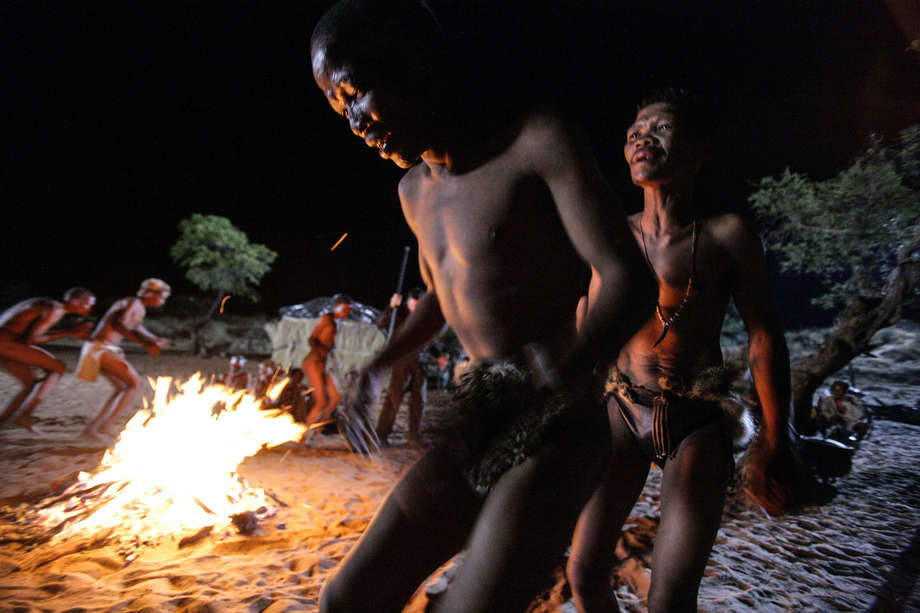 During the Bushman trance dance, dancers circle the fire, clapping and singing rhythmically, the moth cocoons that are tied to their ankles rattling with every step.  The euphoria induced by the dance can generate _num_; a boiling energy. 

_I dreamed and the dancing and healing started_, said Xlarema Phuti, a Bushman woman.  _When I started to dance the trance dance I could feel a person by their blood and smell, and I would go to that person and start healing them. When I fall down, I feel the blood of the ancestors and talk with them_.

_The ancestors speak through my blood.  I feel something happening, something spiritual.  I can see the ancestors with my eyes when I'm talking to them in the trance dance_.