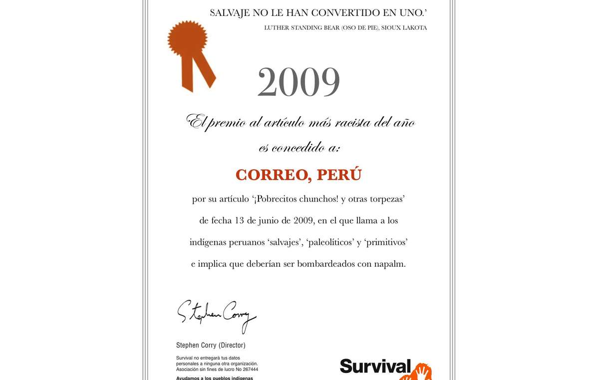 Certificado al artículo más racista del año, otorgado al diario peruano Correo.