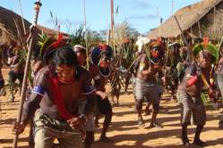 Kayapó Indians dance at a protest against the Belo Monte dam