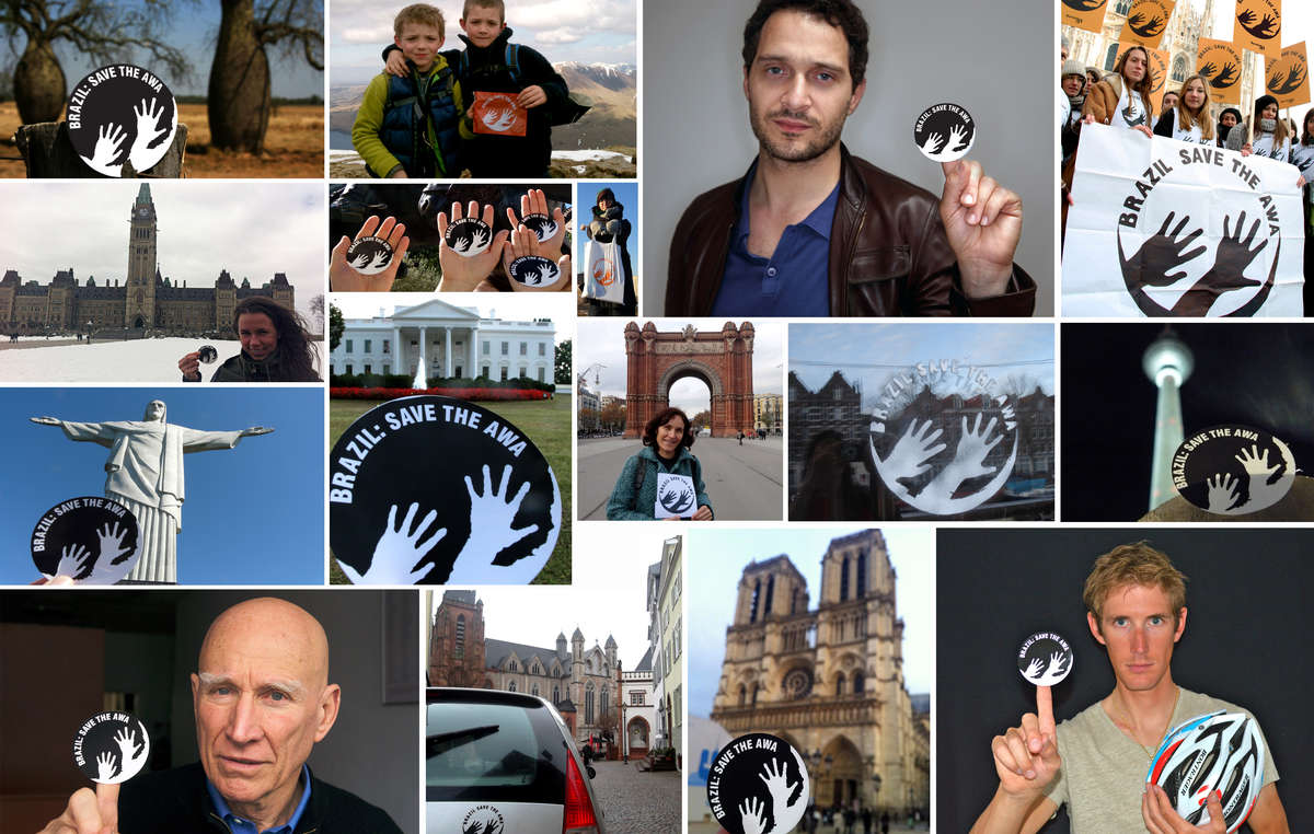 De nombreuses personnalités et des centaines de sympathisants ont photographié le logo de la campagne dans 38 pays en soutien à l'action de Survival en faveur des Awá.