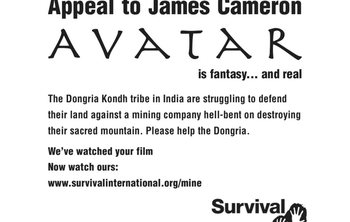 L'appel de Survival à James Cameron est publié aujourd'hui dans le magazine Variety