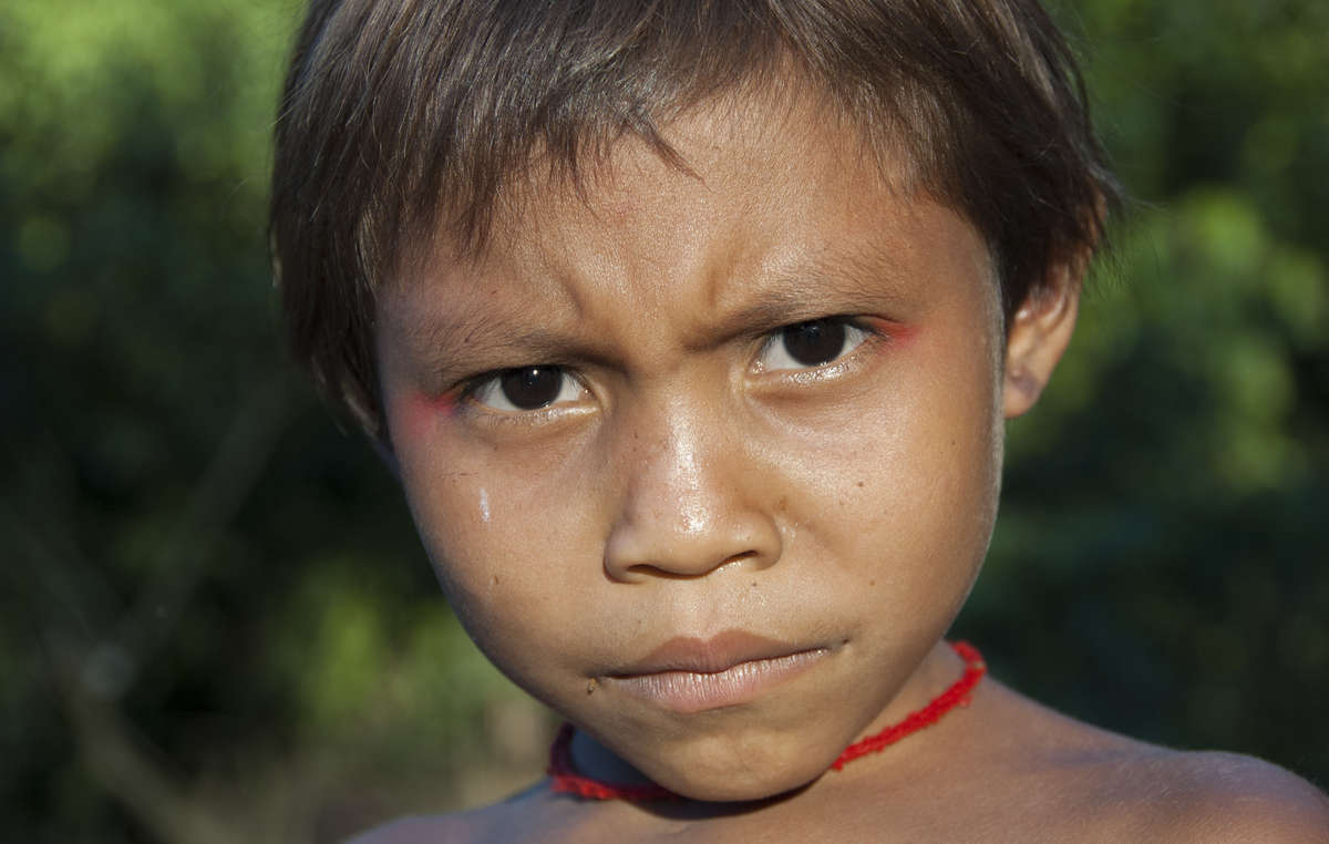 Un niño yanomami con pintura corporal decorativa, 2008. La salud de los yanomamis está ahora en peligro como consecuencia de la propagación de la malaria y otras enfermedades.