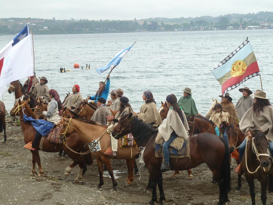 It took the women and children five days to ride from the Mapuche village of Primer Corral in Chile, along the Puelo and Manso rivers, to Puerto Varas in southern Chile.

Known as _Mujeres Sin Fronteras_ - Women without Borders - the group consisted of forty Chilean, Argentinian and indigenous Mapuche women.  Theirs was a journey of protest; they were riding to draw attention to the building of dams in the Puelo-Manso watershed, which is shared by Chile and Argentina.

_We are women from this valley who are worried about the destruction of our communities and of the environment_, said Maria Isabel Navarrete, Mujeres sin Fronteras President. 

_We want to defend our tradition, our earth, and the future of our children_.
