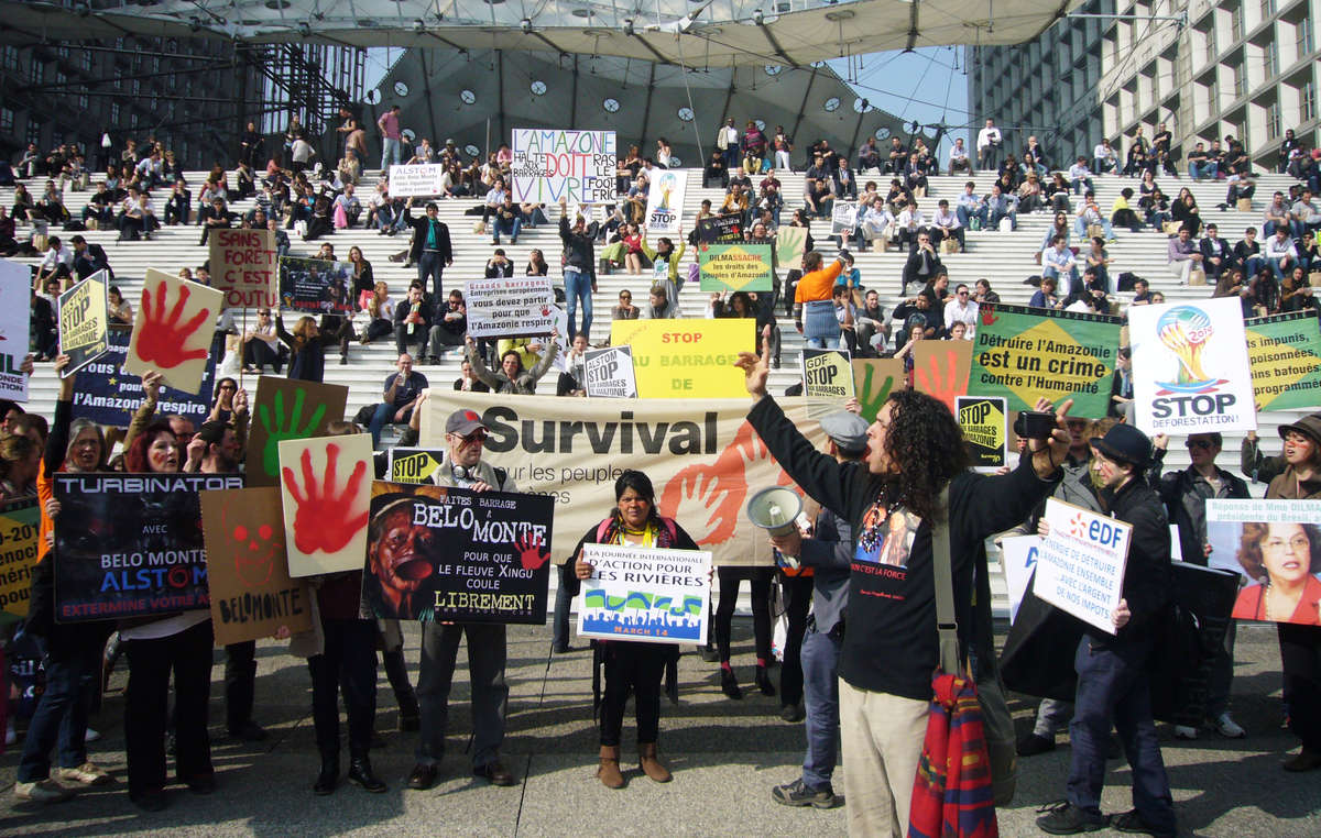 Die brasilianische Indigenen-Aktivistin Sonia Guajajara und zahlreiche Demonstranten forderten in Paris den Stopp mehrerer zerstörerischer Staudammprojekte.