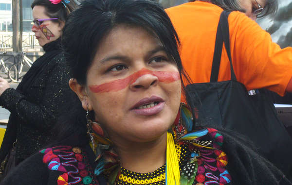 Sônia Guajajara at a protest in Paris against Brazil’s plans for a series of mega-dams in the Amazon, March 2014.