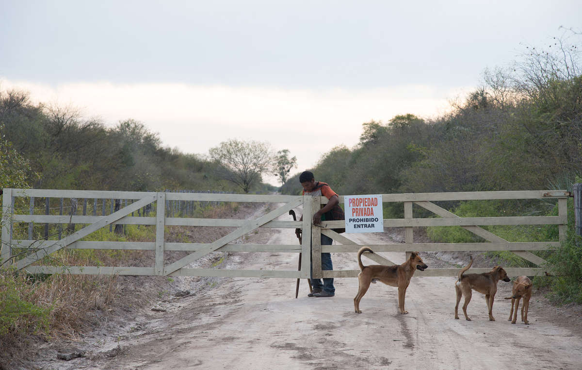 Fazendas de gado ocupam as terras dos Ayoreo. Um homem Ayoreo vai caçar atrás do portão de uma das fazendas. A placa diz "Propriedade privada. Entrada proibida".