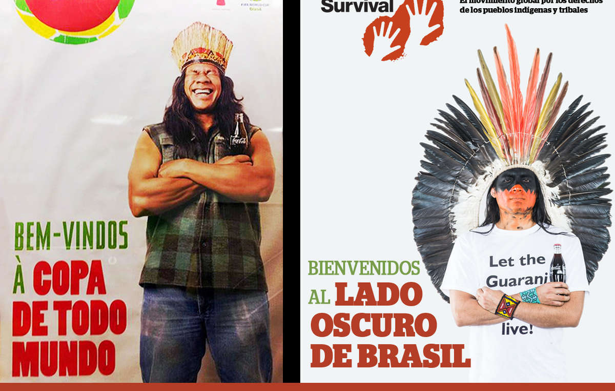 La imagen de Coca-Cola y la FIFA ha sido contrastada con la de un hombre indígena indignado que demanda “¡Dejen vivir a los guaraníes!”.