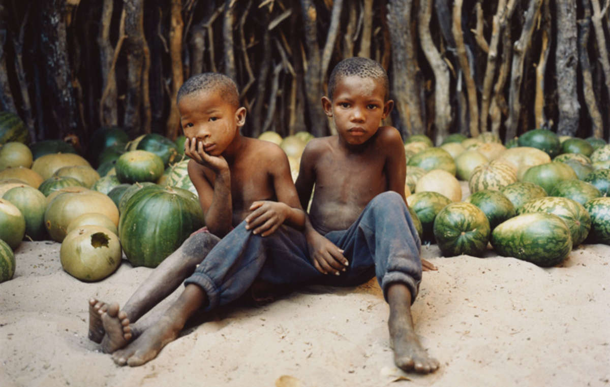 Bambini Boscimani a Molapo, nella Central Kalahari Game Reserve, con i meloni che forniscono loro una parte dei liquidi necessari a sopravvivere